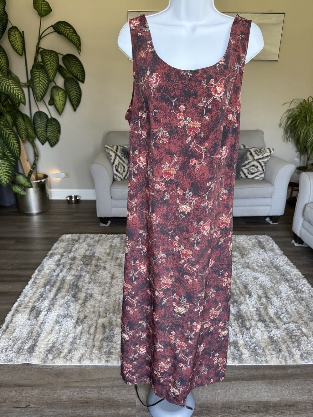 Worthington Long Dress 16W Maroon Floral Print Vintage #1058